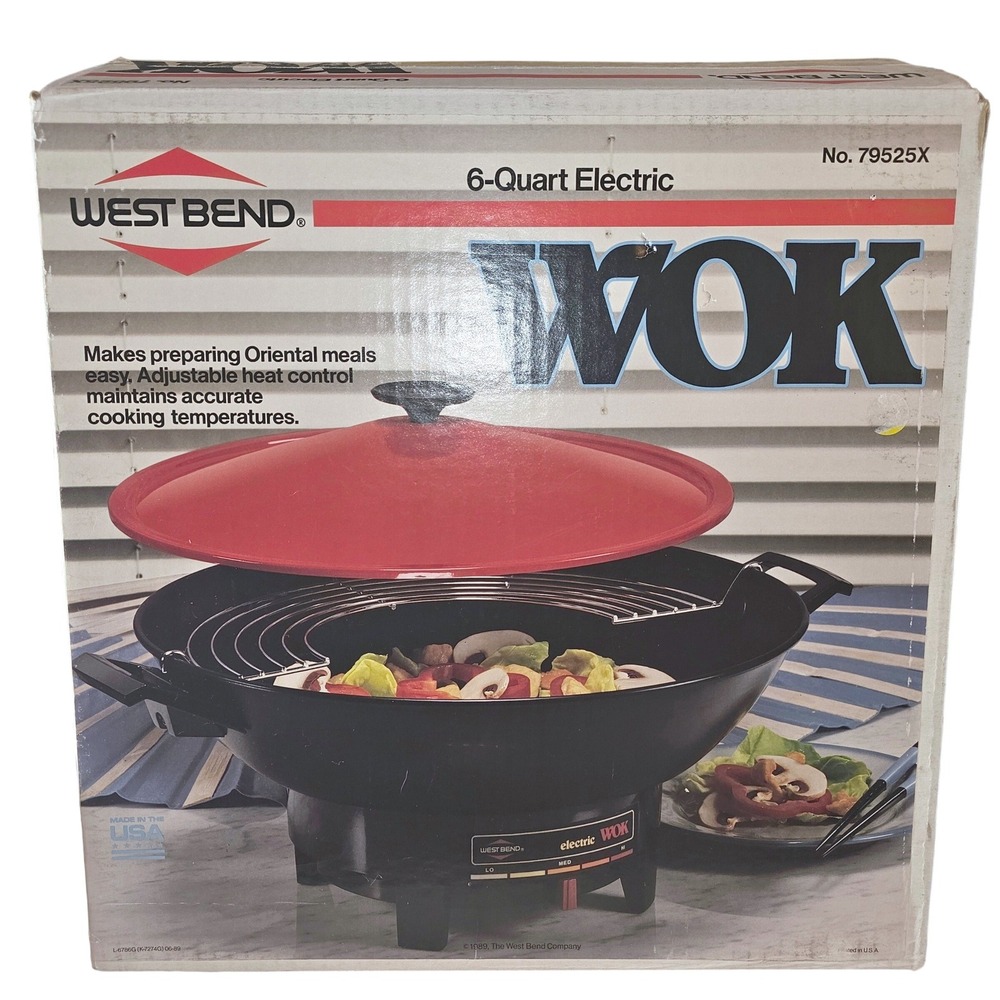 West Bend 6 Quart Electric Wok 79525X 90s Red Lid Non-Stick Fry Pan Vintage USA